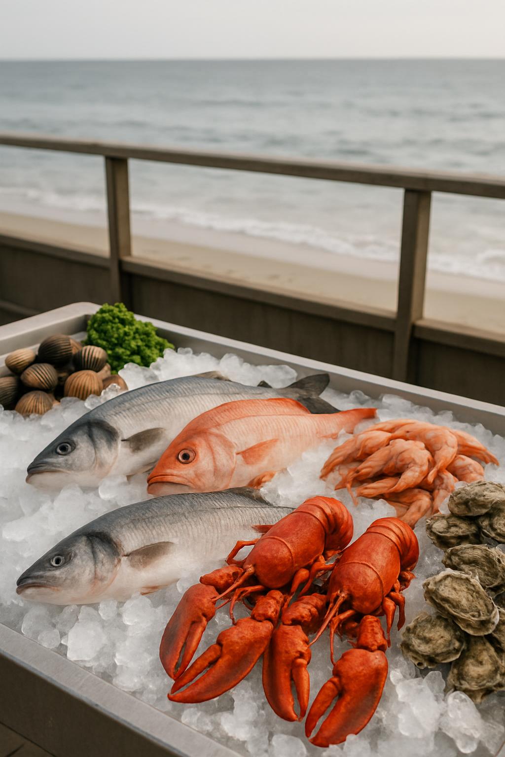 Seaside market display featuring a diverse selection of fish and shellfish, including salmon, shrimp, lobster, and scallop...