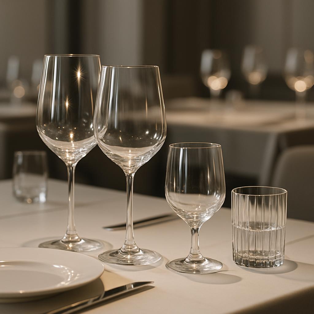 Close-up image of a place setting with wine and drinking glasses on a table.