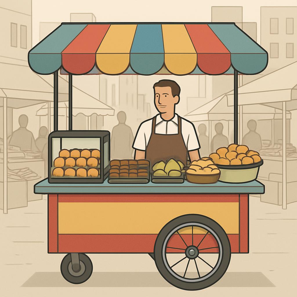 A cartoon illustration of a vendor selling baked goods from a colorful food cart.