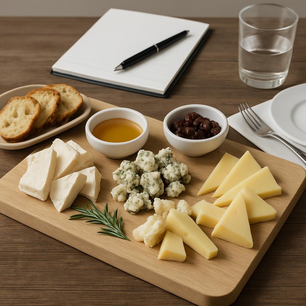 A wooden cutting board featuring a selection of cheeses and accompaniments, including bread, honey, cheese, and a stemmed ...