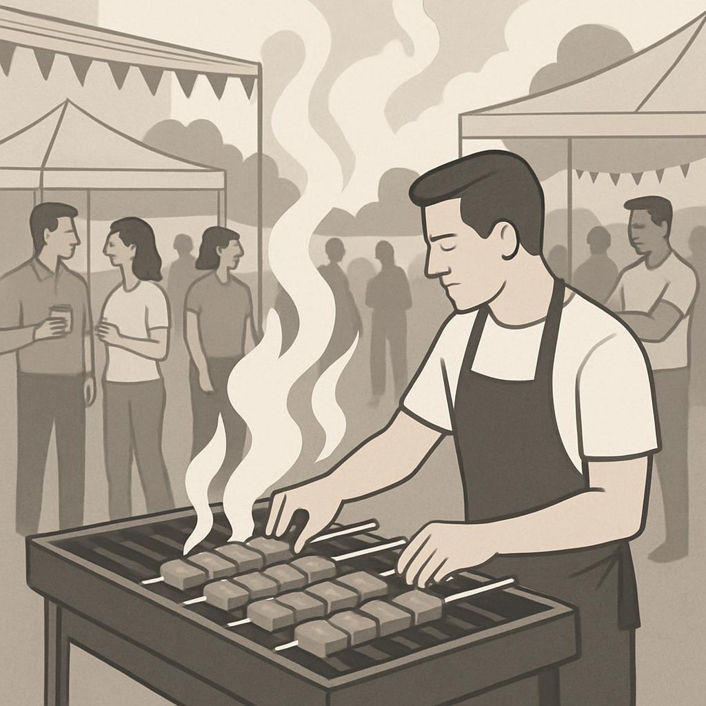 A cartoon illustration of a man grilling food in the foreground, with people standing around him and tents in the backgrou...